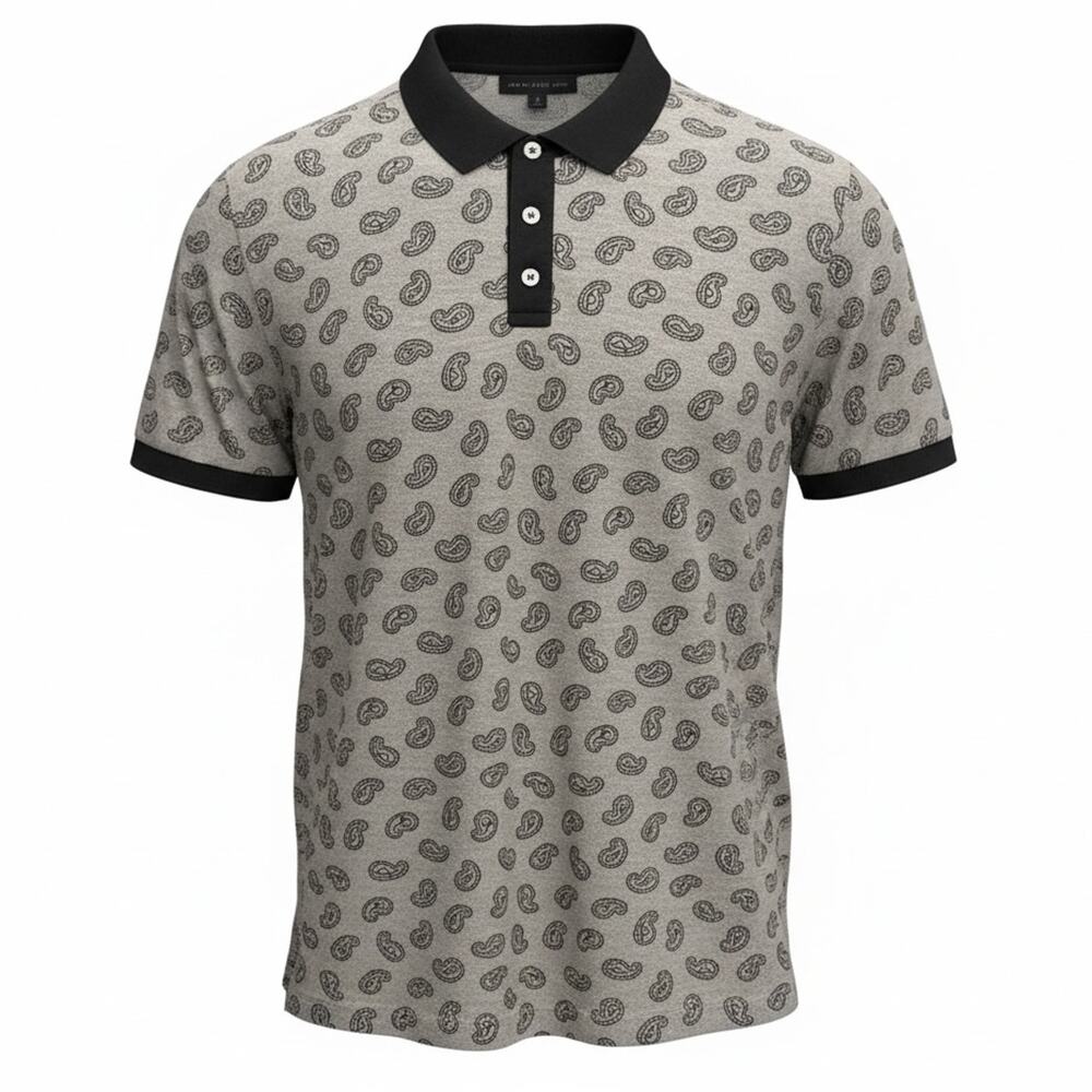 Marc Jacobs Paisley Print Gray Polo Navy Blue Trim Mens Large Preppy Work Casual